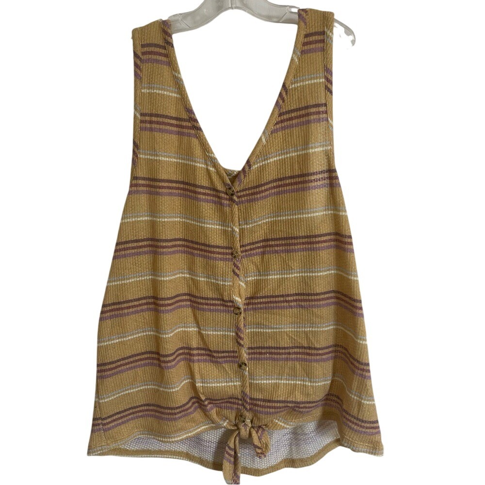 Mudd Womens XXL Mustard Yellow Striped Waffle Knit Tie Front Button Tank Top